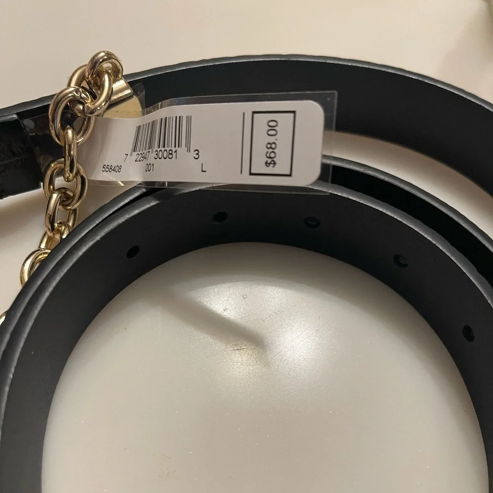 MICHAEL KORS Belt Swag Chain Logo Genuine Leather Black Gold Sz Large AUTHENTIC